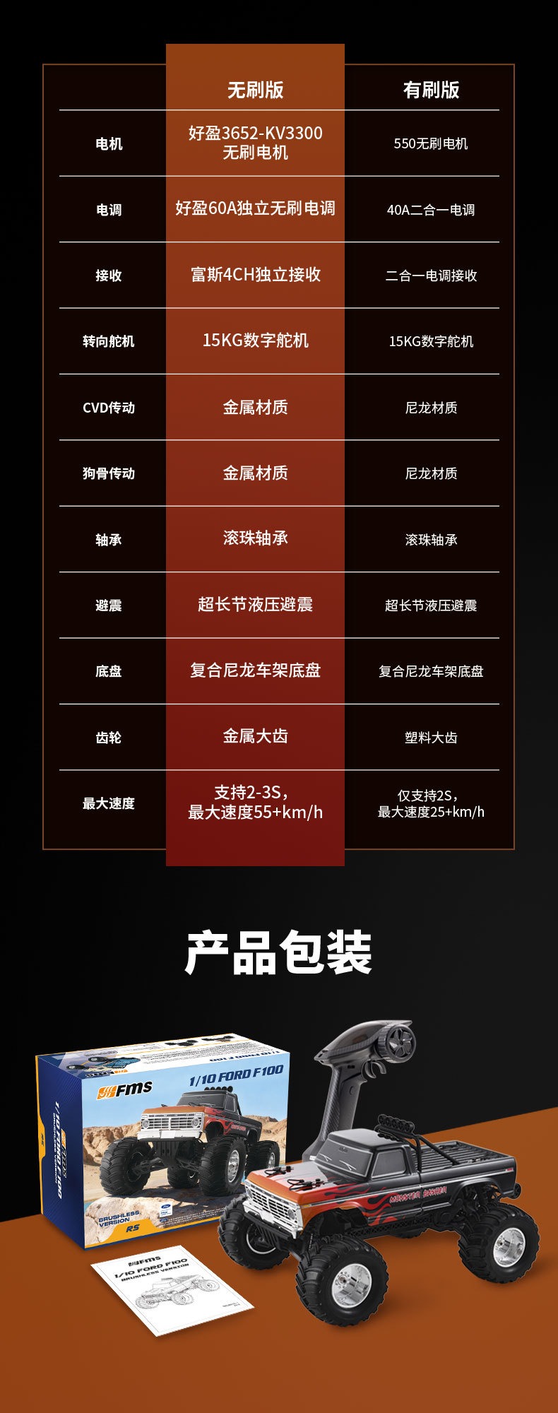 FMS 1/10福特F100无刷版大脚RC遥控模型车后驱高速越野漂移玩具
