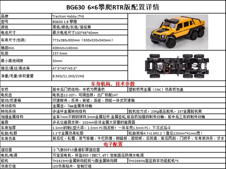KM雷神 BG630 KM6 奔驰大G RC遥控电动仿真六驱攀爬越野模型车KIT