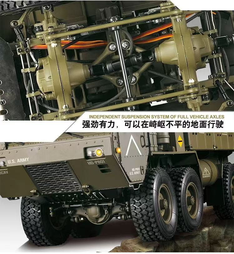 恒冠1/12重型卡车P801军事模型高端遥控车军卡玩具方控16通越野车