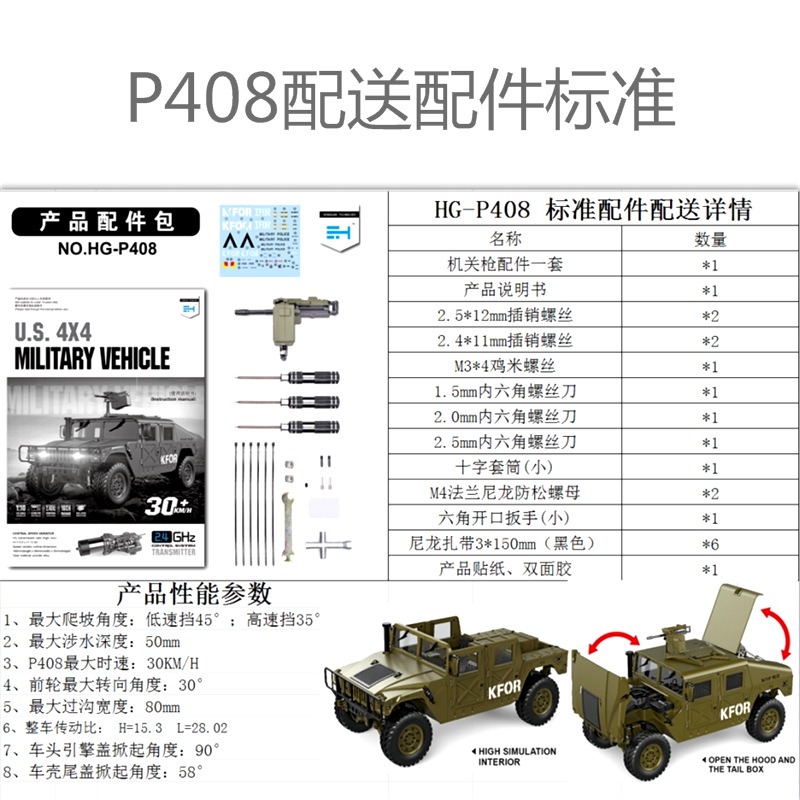 恒冠1/10 美国4x4车P408高仿真四驱高速车金属底盘敞篷悍马遥控车