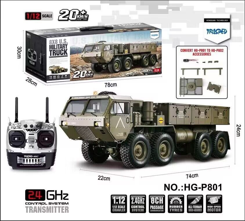 恒冠1/12重型卡车P801军事模型高端遥控车军卡玩具方控16通越野车